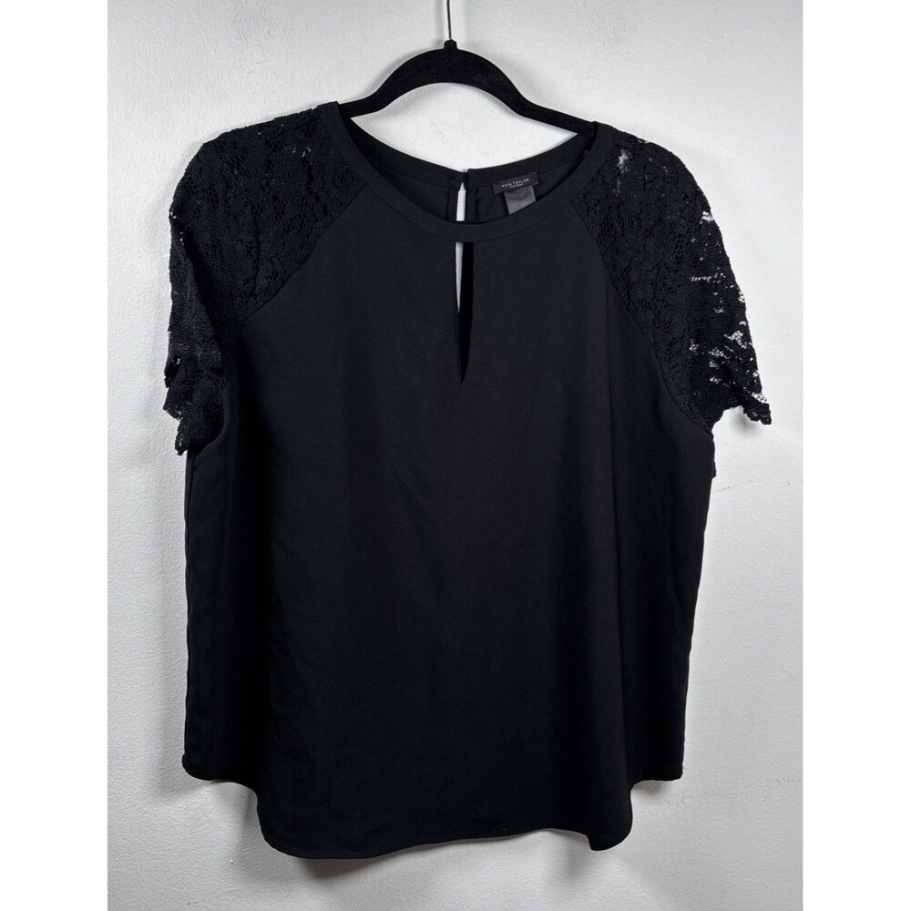 Ann Taylor Factory Black Lace Sleeve Blouse Top Keyhole Career Office women's L